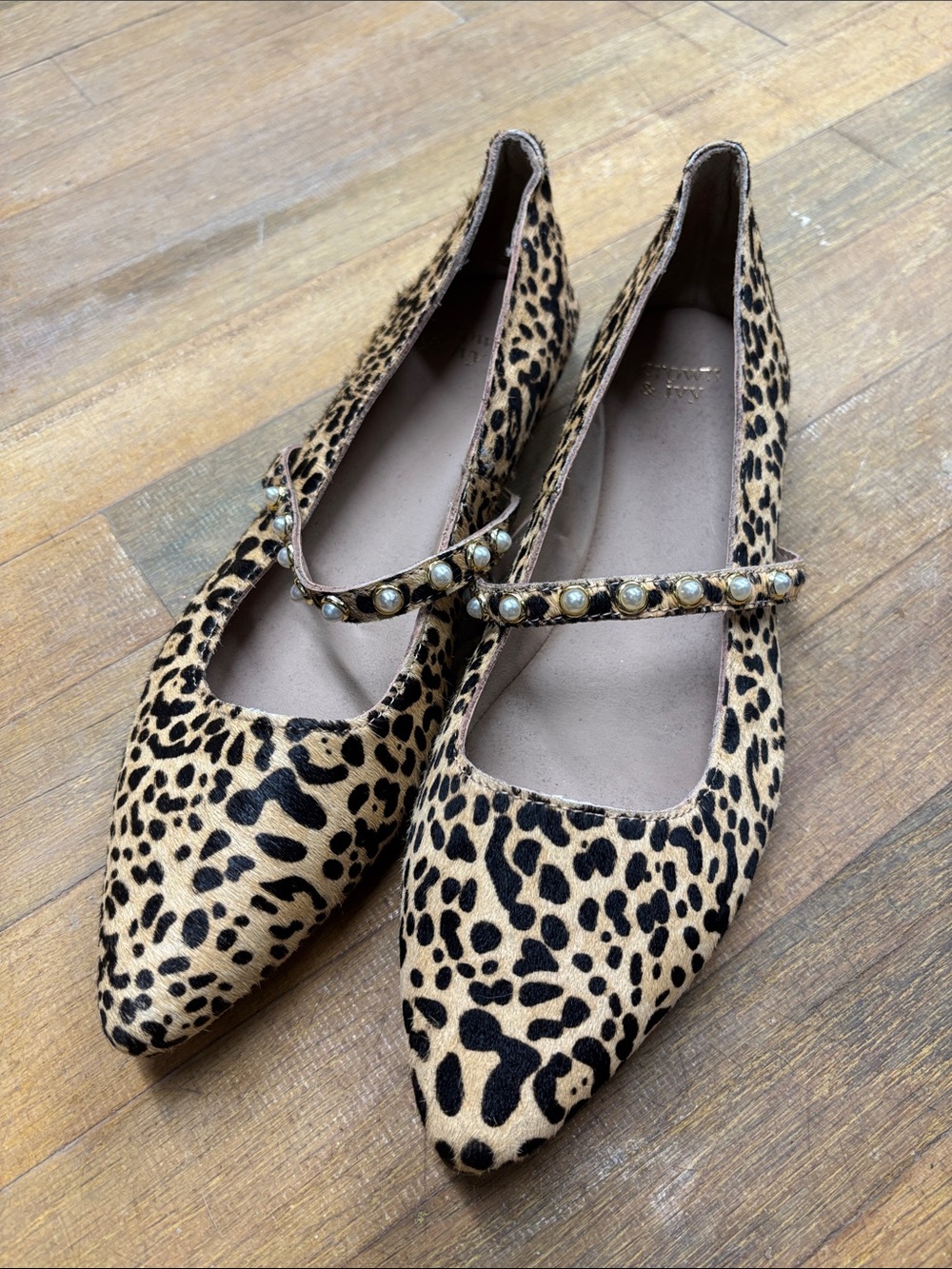 crown & ivy Leopard-Print Pointed Mary Jane Flats with Jeweled Strap